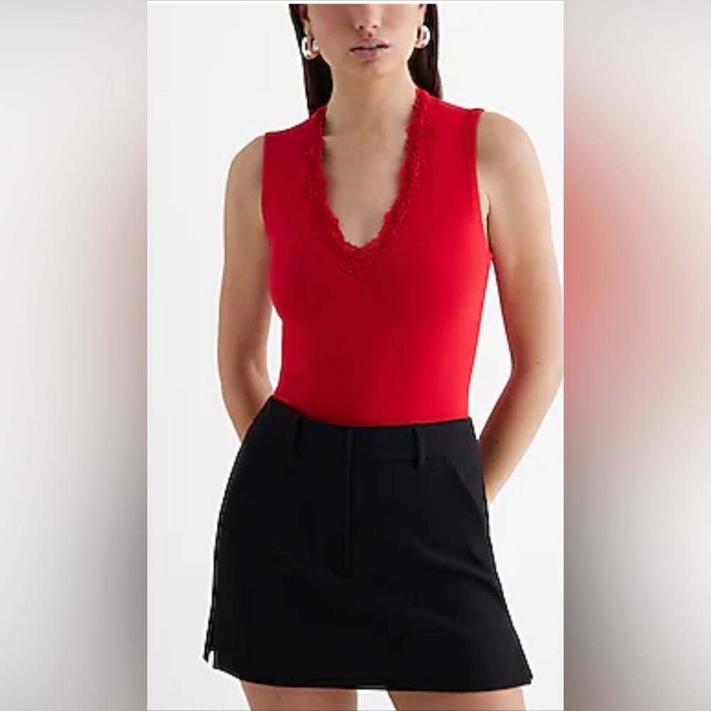 Express Body Contour Stretch v-Neck Red Lace Trim Bodysuit NWT Small